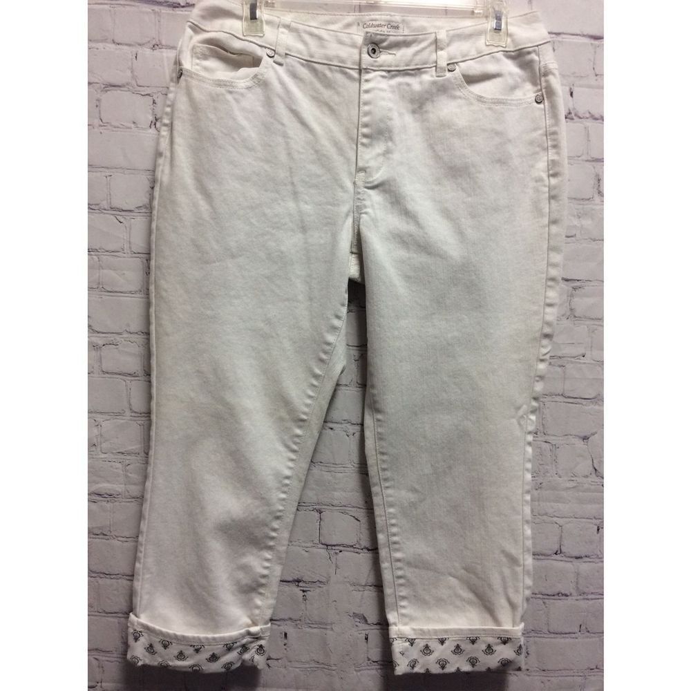 Coldwater Creek Womens Natural Fit Stretch Cropped Leg Cuff Denim Pants White 10